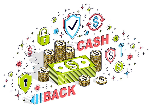 Cash Back Concetto Denaro Contanti Dollari Pile Cent Pile Monete — Vettoriale Stock