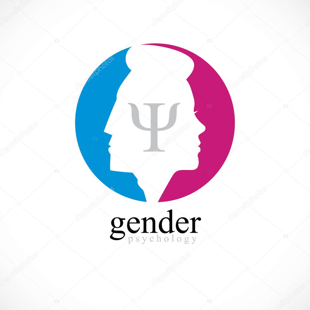 Gender psychology concept created with man and woman heads profiles, vector logo or symbol of relationship problems and conflicts in family, close relations and society. Classic style simple design.