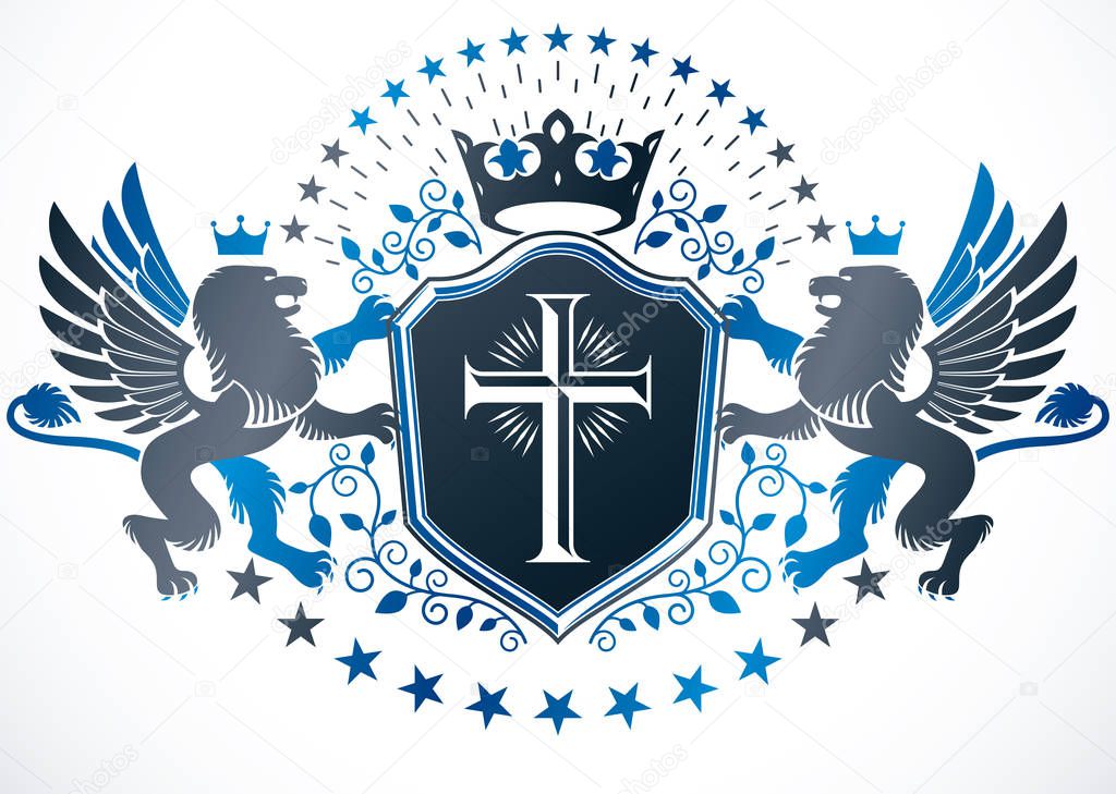 Old style heraldry, heraldic emblem, vector illustration created with mythic gryphon, Christian cross and imperial crown.
