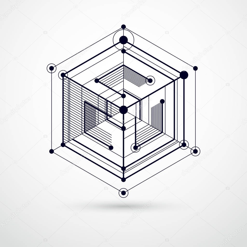 Geometric technology vector black and white drawing, 3D technical wallpaper. Illustration of engineering system, abstract technological backdrop. Abstract technical background.