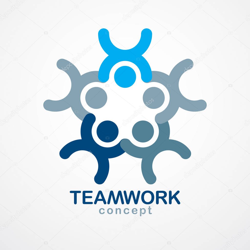 Teamwork and friendship concept created with simple geometric elements as a people crew. Vector icon or logo. Unity and collaboration idea, dream team of business people blue design.