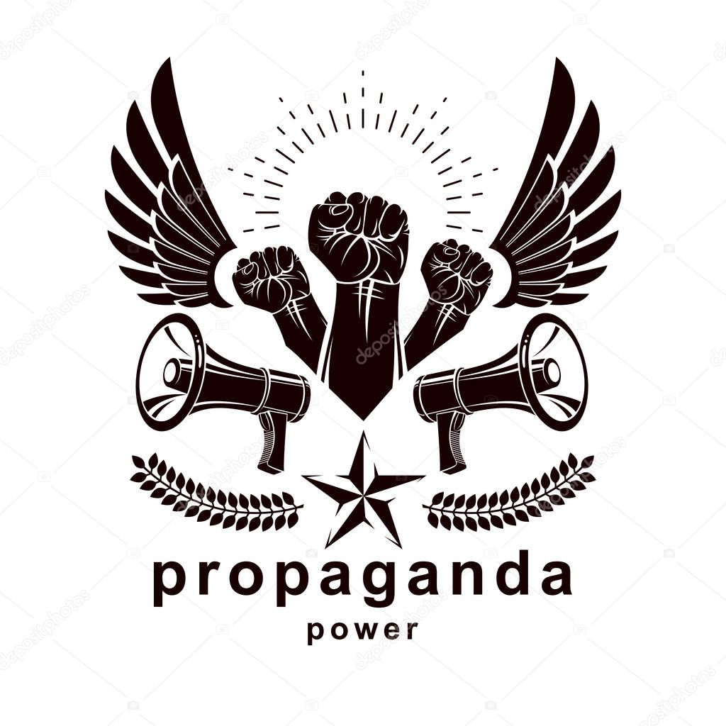 Vector advertising poster created using clenched fists raised up, bird wings and loudhailer equipment. Propaganda as the means of manipulation and control.