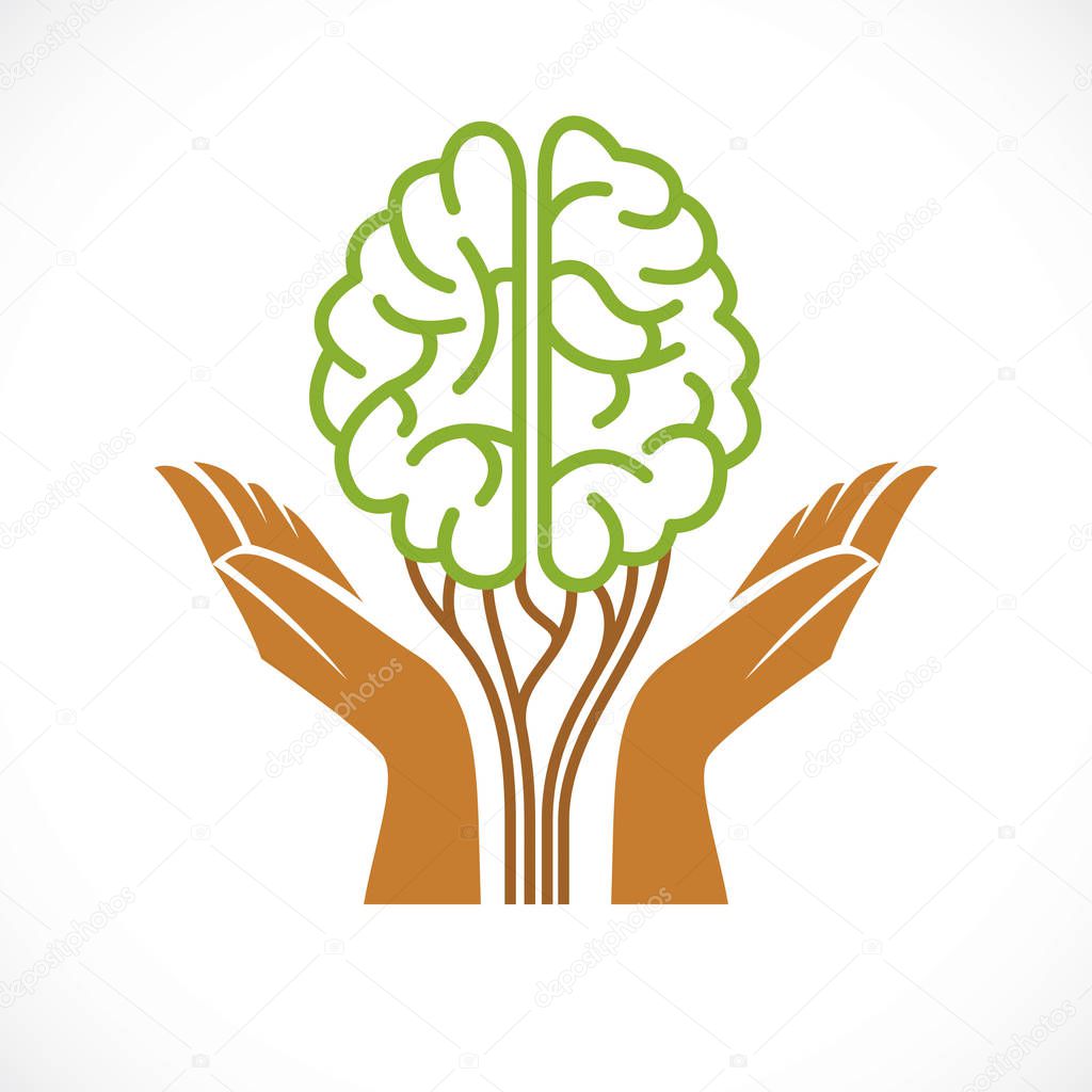 Mental health and psychology concept, vector icon or logo design. Human anatomical brain in a shape of green tree with tender guarding hands, growth and heyday of personality and individuality.