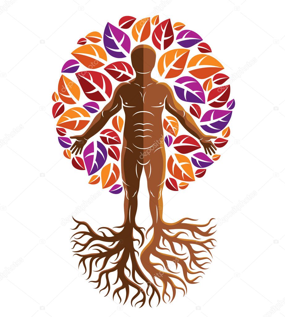 Vector graphic illustration of muscular human, self made using tree roots and surrounded with autumn leaves. Living in harmony with nature, environment protection concept.