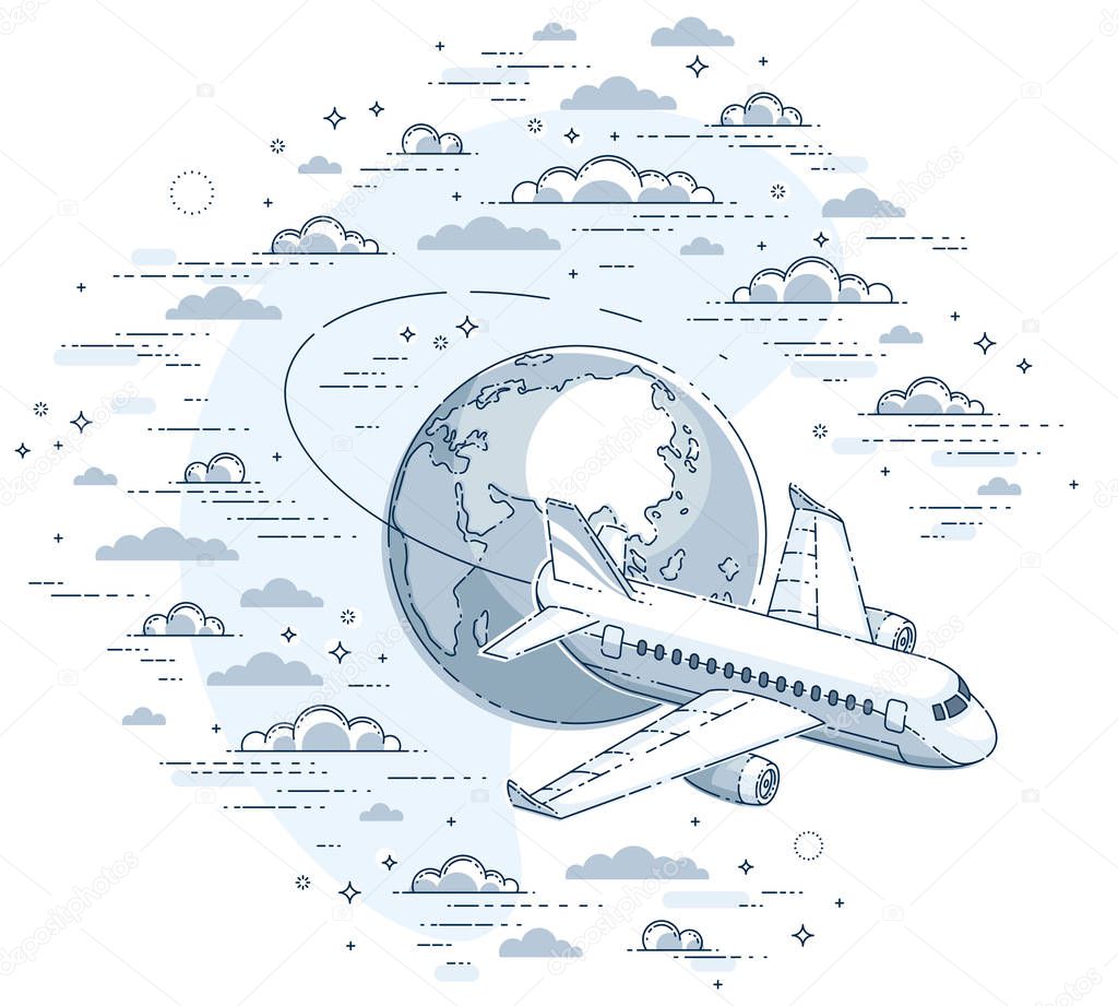 Airlines air travel illustration with plane airliner and planet earth in the sky surrounded by clouds. Beautiful thin line vector isolated over white background.