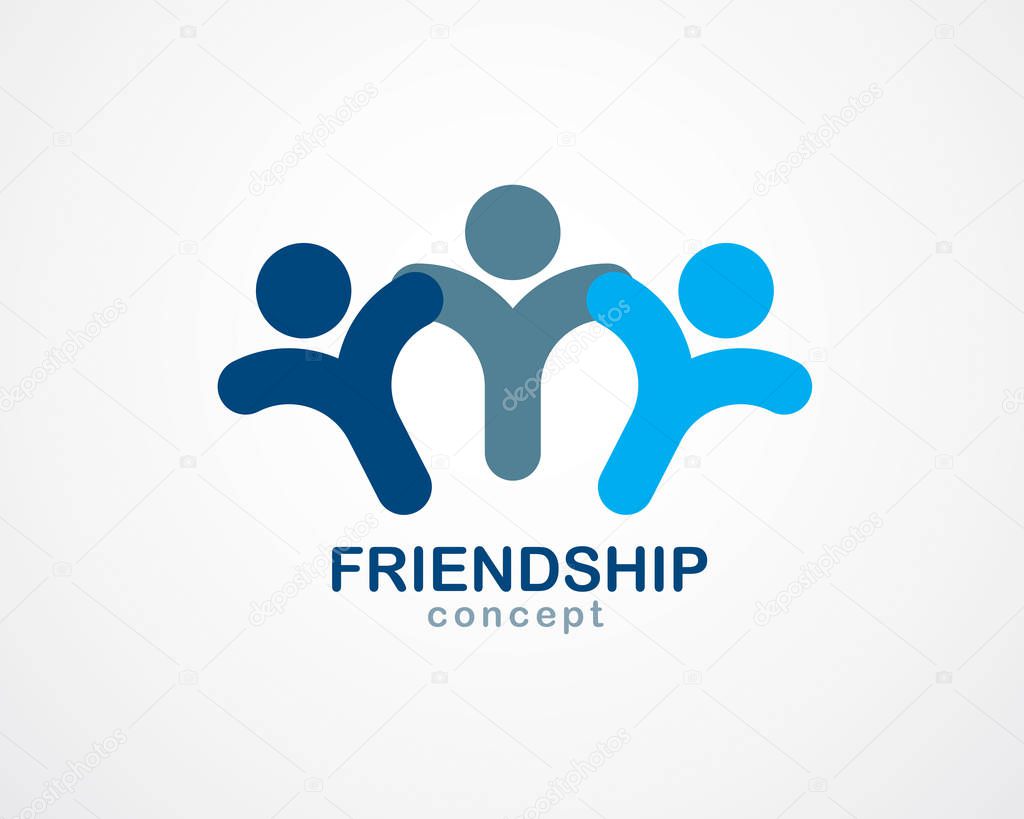 Teamwork and friendship concept created with simple geometric elements as a people crew. Vector icon or logo. Unity and collaboration idea, dream team of business people blue design.