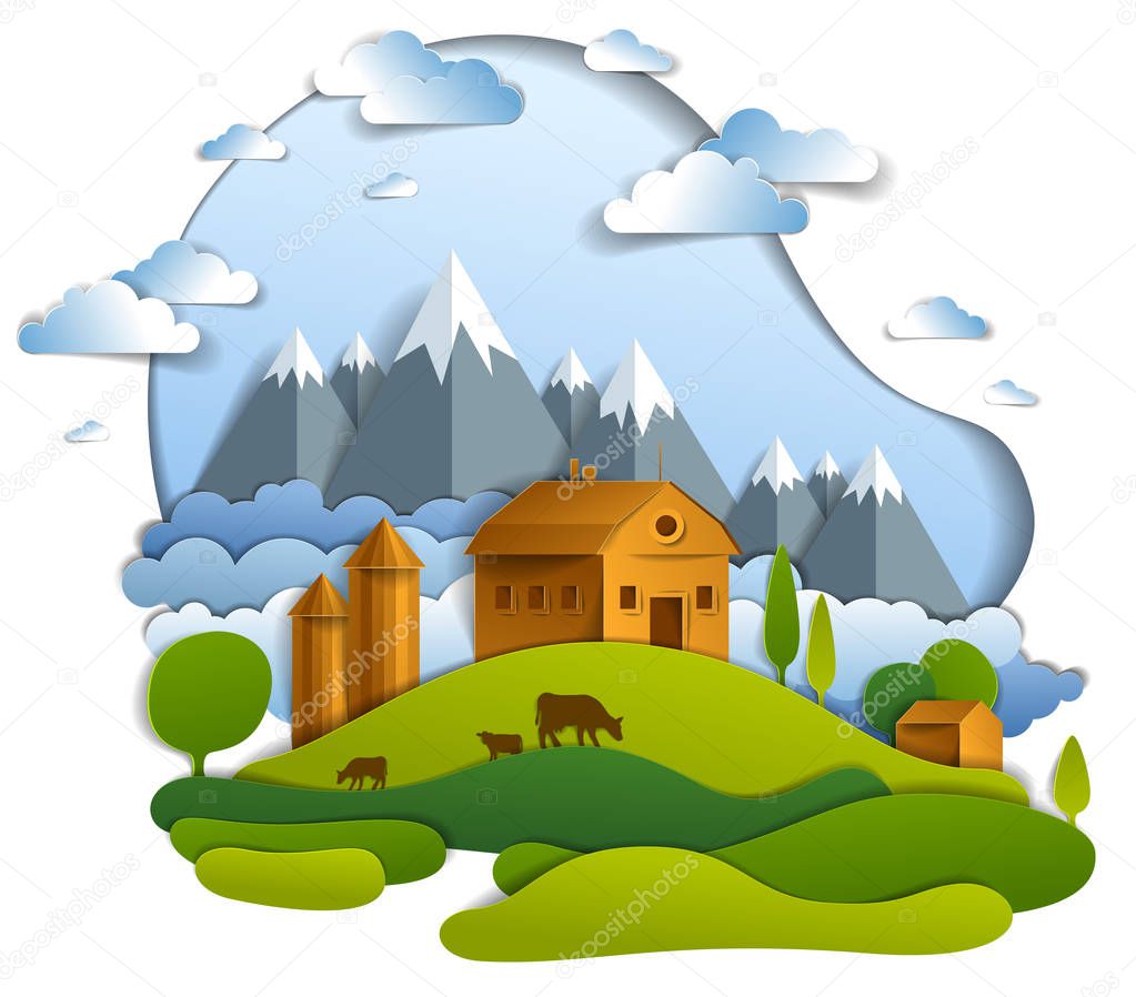 Scenic landscape of farm buildings among meadows trees, mountain range and clouds in the sky, vector illustration of summer time relaxing nature in paper cut style. Countryside beautiful ranch.    