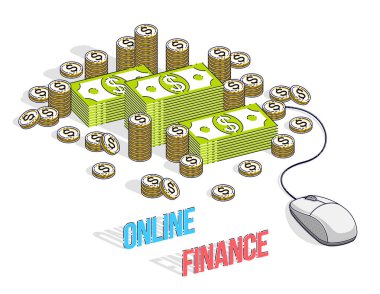 Online finans kavramı, web ödemeler, Internet kazanç, online bankacılık, nakit para yığınları kazık için bağlı bilgisayar fare ile. İzometrik 3d iş ve finans illüstrasyon vektör.