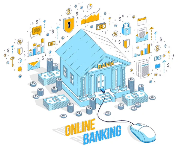 Online Banking Konceptet Bank Byggnad Med Computern Mus Ansluten Isolerade — Stock vektor