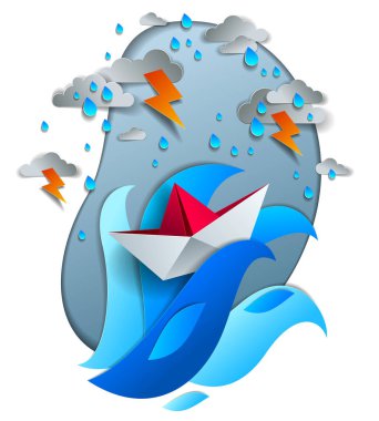 Origami paper ship toy swimming in thunderstorm with lightning, dramatic vector illustration of stormy rainy weather over ocean with toy boat struggles to survive. clipart