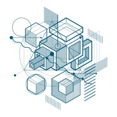 İzometrik arka plan çizgileri ve diğer farklı elemanları, vektör soyut şablonu. Kompozisyon küpleri, Altıgenler, kareler, dikdörtgenler ve farklı soyut öğeler.
