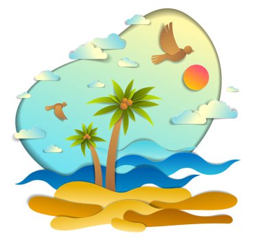 Stil vektör çizim Kes Tema kağıt avuç içi, deniz dalgaları mükemmel deniz manzarası, kuşlar bulutlar ve güneş, yaz plaj Beach tatil.