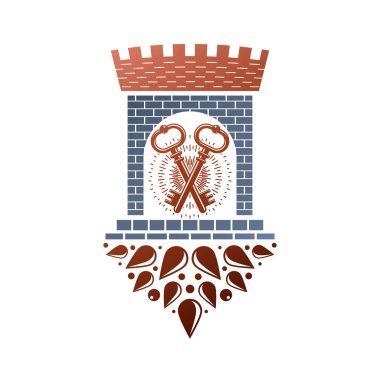 Ortaçağ Kalesi dekoratif vektör illüstrasyon izole. Retro Castle logosu beyaz arka plan üzerinde eski tarzda.