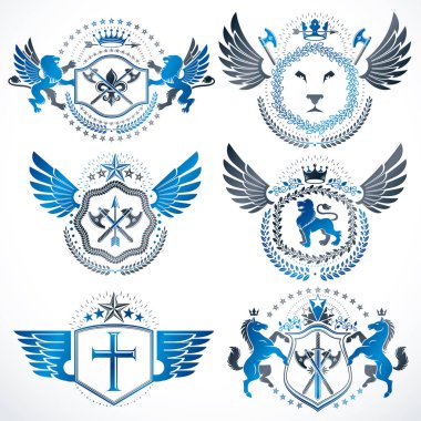 Beyaz üzerine izole edilmiş ve klasik tasarım elementleri, kral tacı, beşgen yıldızlar, cephanelik, vahşi hayvanlar kullanılarak yaratılmış vektör hanedan arması arması..