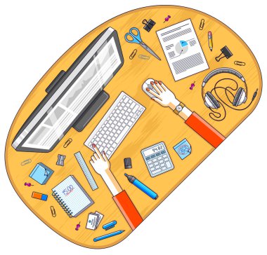 Ofis masası çalışma alanı üst görünümü ofis çalışanı veya girişimci elleri, bilgisayar ve iş için çeşitli kırtasiye eşyaları ile. Tüm elementleri ayrı ayrı kullanmak kolaydır. Vektör illüstrasyonu.