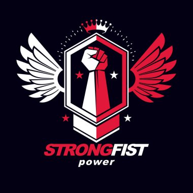 Güçlü atletik erkek vektör çizim kuş kanatları ve pentagonal yıldız gibi grafik öğeleri kullanılarak yapılan Kol kaldırdı. En iyi savaşçı vektör simgesi, şampiyon kavramı.