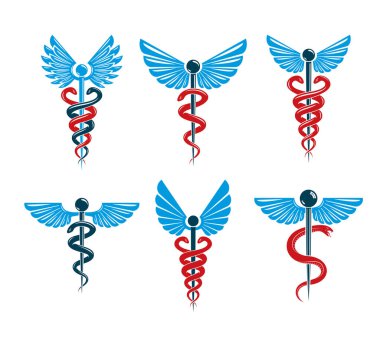 Vektör Caduceus resimler koleksiyonu kanatlı. Farmakoloji ve sağlık fikir Amblemler.