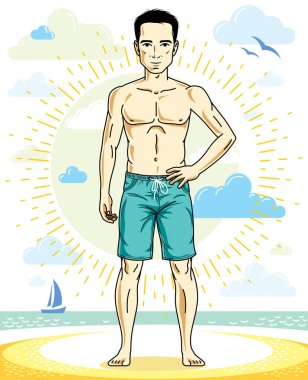 Yakışıklı yetişkin ayakta parlak kısa filmlerde tropik sahilde. Vektör güzel ve sportif bir adam çizimi. Yaz tema clipart.