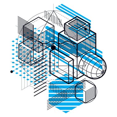 İzometrik doğrusal soyut vektör arka plan, çizgili soyutlama. Küpleri, Altıgenler, kareler, dikdörtgenler ve farklı soyut öğeler.