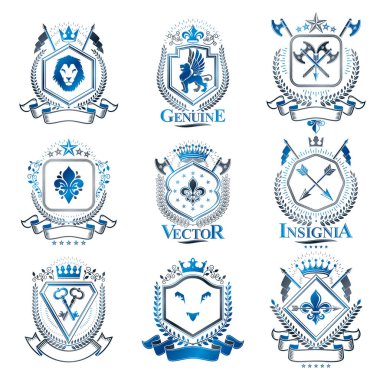 Vintage Hanedanlık armaları tasarım şablonları, kuş kanatları, kron, yıldız, Tophane, hayvan illüstrasyon ile oluşturulmuş vektör Amblemler. Vintage tarzı semboller koleksiyonu.