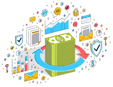 Para dolaşımı, yatırım, Döviz Alım Satım, bu kadar para, para iadesi, kavramlar üzerinde dönüş kullanılabilir. Simgeler, istatistik grafikleri ve tasarım öğelerini ile 3D izometrik iş illüstrasyon vektör.