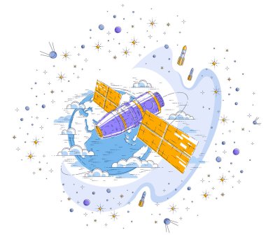 Uzay İstasyonu dünya, uzay gemisi uzay gemisi ISS roketler, yıldızlar ve diğer öğeleri ile yapay uydu güneş panelleri ile çevresinde yörünge uçuş uçuş. İnce çizgi 3d vektör çizim.