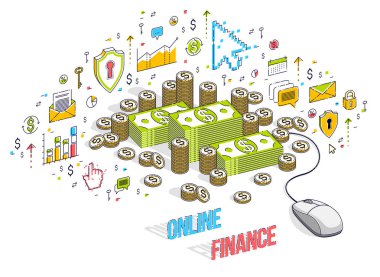 Online finans kavramı, web ödemeler, Internet kazanç, online bankacılık, para yığınları bilgisayar fare ile. İzometrik 3B vektör illüstrasyon simgeler, istatistik grafikleri ve tasarım öğelerini ile finans.