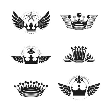Görkemli kron ve eski yıldız amblem ayarlayın. Hanedan arması dekoratif logoları vektör çizimler toplama izole.