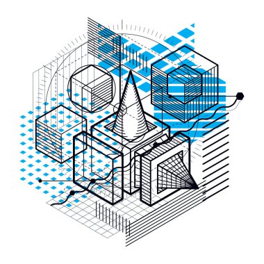3B şekiller kompozisyon soyut, izometrik arka plan vektör. Kompozisyon küpleri, Altıgenler, kareler, dikdörtgenler ve farklı soyut öğeler.