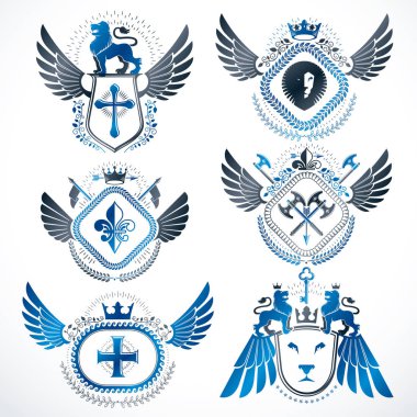 Vektör klas hanedan arması. Blazons topluluğu vintage tasarımında stilize ve oluşturulan grafik öğeleri, Kraliyet kron ve bayrak, yıldız, kuleleri, Tophane, dini haçlar.