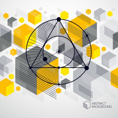 Şablon için broşür, el ilanı, afiş, reklam, kapak, 3d sarı tasarım düzen vektör modern arka plan. Kompozisyon küpleri, altıgenler, kareler, dikdörtgenler ve farklı soyut öğeler.