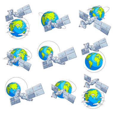 İletişim uydu, dünya çevresinde yörünge uzay uçuşu uçan uzay istasyonu güneş panelleri ile uzay ve uydu anten plaka. İnce çizgi 3d vektör çizimler izole ayarla.