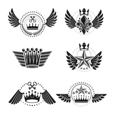 İmparatorluk kron ve Vintage yıldız amblem ayarlayın. Hanedan arması, vintage vektör logolar toplama.