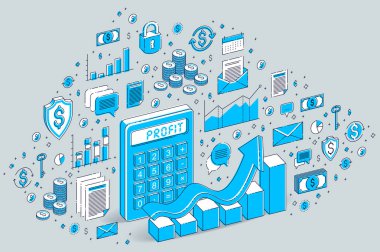 Hesap makinesi ile izole beyaz zemin üzerine, kar kavramı kazanç büyüme grafiği. simgeler, istatistik grafikleri ve tasarım öğelerini ile 3D vektör iş izometrik çizim.