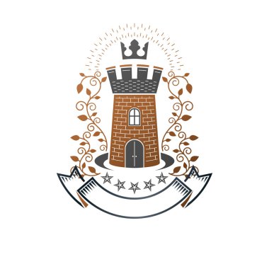 Antik kale amblemi. Hanedan arması, vintage vektör logosu. İzole beyaz zemin üzerine eski tarzı Retro logo.