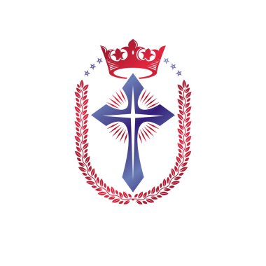 Dekoratif amblemi çapraz Hıristiyan. Hanedan vektör tasarım öğesi defne çelengi ve Imperial crown ile oluşur. Retro tarzı etiket, Hanedanlık armaları logo, dini vintage sembolü.