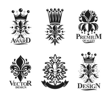 Lily çiçekler Royal sembolleri, çiçek ve kron, amblemler ayarlayın. Hanedan arması dekoratif logoları vektör çizimler toplama izole.