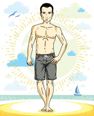 Yakışıklı adam renkli kısa filmlerde tropik sahilde poz. Vektör karakter. Yaz tatil Tema.