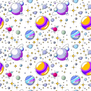 Gezegenler, yıldızlar, asteroitler ve göktaşları, keşfedilmemiş derin evren fantastik ve nefes kesen tekstil kumaş, sonsuz döşeme deseni, çocuklar için ile sorunsuz alan arka plan illüstrasyon vektör.