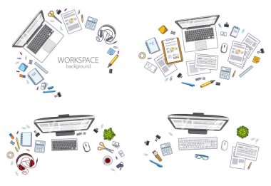 Ofis çalışanı veya girişimci çalışma masaları bilgisayar, dizüstü bilgisayar ve çeşitli kırtasiye eşyalarıyla iş ve analitik kağıtları, üst görünüm. Tüm elementleri ayrı ayrı kullanmak kolaydır. Vektör seti.