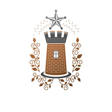 Eski Fort amblemi. Hanedan arması dekoratif logo vektör illüstrasyon izole. Beyaz arka plan üzerinde eski tarzda süslü logo.