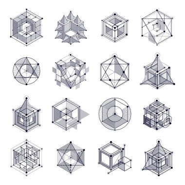 Çizgiler ve şekiller Özet vektör izometrik 3d siyah ve beyaz arka plan set. Motoru ya da mekanizması mühendislik soyut düzeni. Küpleri, altıgenler, kareler, dikdörtgenler ve farklı öğeleri düzeni