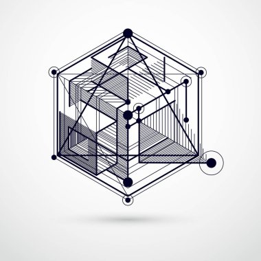 İzometrik ağ çizgileri biçiminde oluşturulan vektör soyut siyah ve beyaz arkaplan. Mekanik şema, küp ve mekanizma parçalarıyla vektör mühendisliği çizimi. Tasarımlarınız için mükemmel bir arkaplan