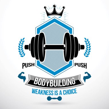 Vektör grafik işareti ağırlık disk halter ve vücut geliştirmeci kas silah kullanarak oluşur. Fitness Egzersiz ve halter spor salonu kavramsal amblemi