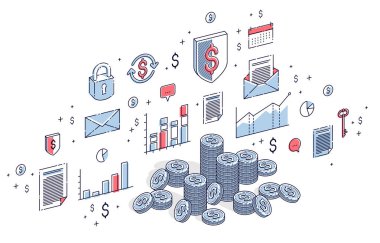 Nakit para sikke cent yığınlar beyaz arka plan üzerinde izole. 3D vektör iş ve finans izometrik çizim simgeler, istatistik grafikleri ve tasarım öğelerini ile.