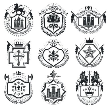 Vintage vektör tasarım öğeleri. Retro tarzı Etiketler, Hanedanlık armaları. Klas kaliteli sembolik resimler koleksiyonu, vektör set.