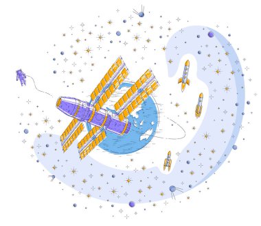 Uzay İstasyonu uzay gemisi ISS roketler, yıldızlar ve diğer öğeleri ile yapay uydu güneş panelleri ile etrafında dünya, uzay, uzay aracı yörüngede. İnce çizgi 3d vektör çizim.