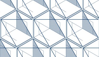 Geometrik 3d çizgileri soyut, dikişsiz desen, vektör arkaplan. Teknoloji stili mühendislik çizgisi sonsuz çizimler yapıyor. Tek renk, siyah ve beyaz..