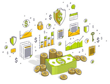 Nakit para doları yığınlar ve para kuruş kazık izole beyaz arka plan üzerinde. İzometrik 3d simgeleri, istatistik grafikleri ve tasarım öğelerini ile finans ve iş illüstrasyon vektör.