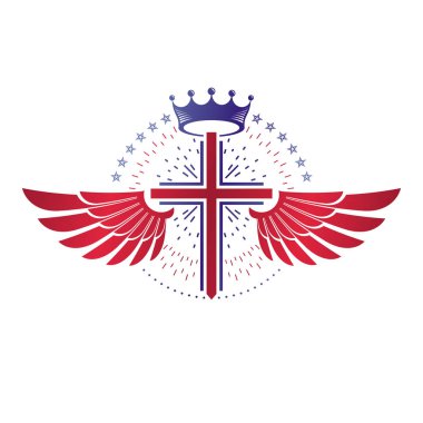 Hıristiyanlık grafik amblemi çapraz. Hanedan vektör tasarım öğesi. Retro tarzı etiket, dini Insignia lüks kral taç ve özgürlük kuş kanatları ile dekore edilmiş.